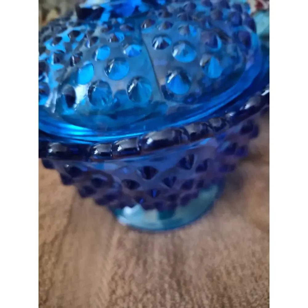 Vintage Fenton Colonial Blue Glass Hobnail Pedestal Covered Candy Dish